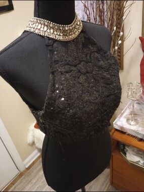 Alyce Paris Black Sequin Crop Top with Gold Jeweled Collar
